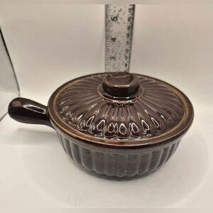 Vintage Brown Stoneware Personal Soup Crock Chili Bowl Handle & Lid USA Pottery